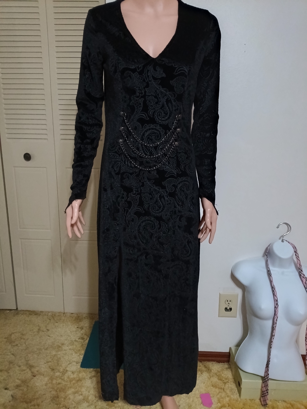 Black Long Sleeve V-Neck Costume Dress with Chain Detail